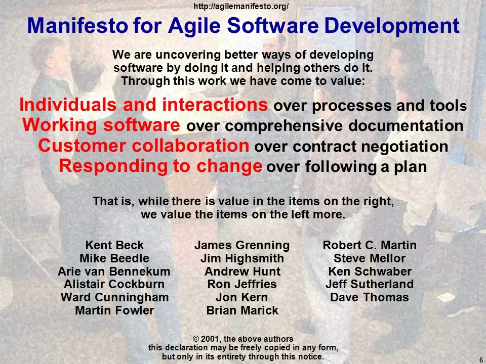 Manifesto for Agile Software Development. We are uncovering better ways of developing software by doing it and helping others do it. Through this work we have come to value: Individuals and interactions over processes and tools Working software over comprehensive documentation Customer collaboration over contract negotiation Responding to change over following a plan. That is, while there is value in the items on the right, we value the items on the left more. Kent Beck James Grenning Robert C. Martin Mike Beedle Jim Highsmith Steve Mellor Arie van Bennekum Andrew Hunt Ken Schwaber Alistair Cockburn Ron Jeffries Jeff Sutherland Ward Cunningham Jon Kern Dave Thomas Martin Fowler Brian Marick. © 2001, the above authors this declaration may be freely copied in any form, but only in its entirety through this notice. 6.