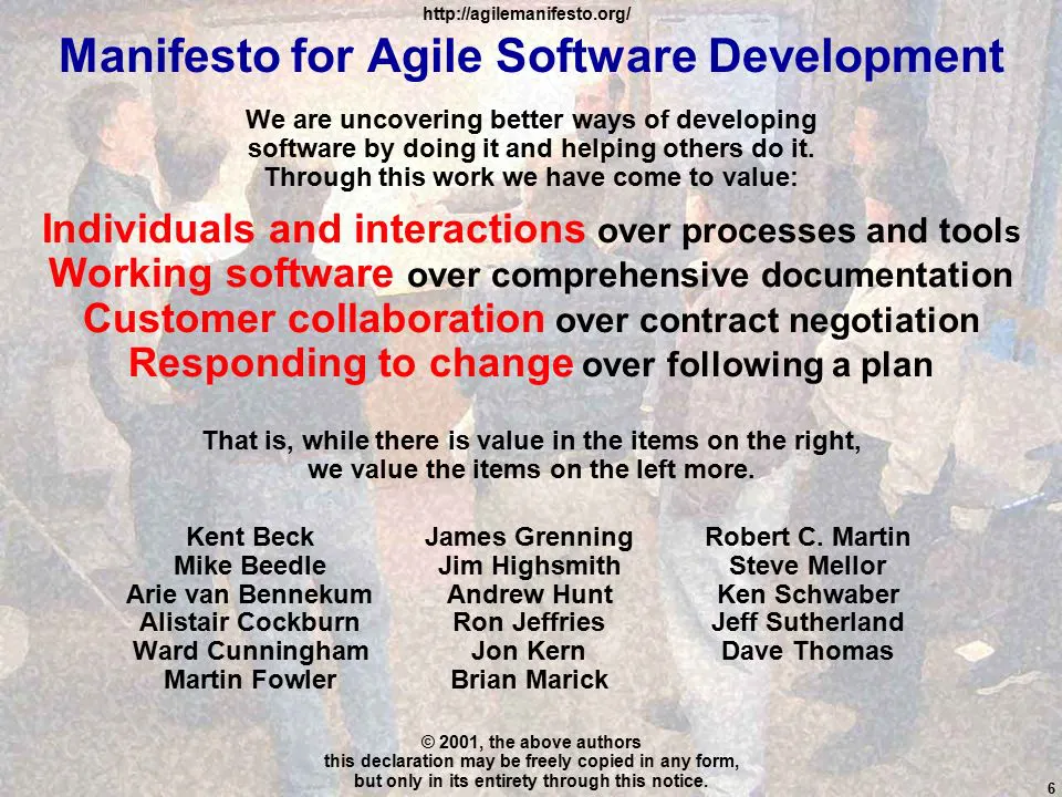 Manifesto for Agile Software Development. We are uncovering better ways of developing software by doing it and helping others do it. Through this work we have come to value: Individuals and interactions over processes and tools Working software over comprehensive documentation Customer collaboration over contract negotiation Responding to change over following a plan. That is, while there is value in the items on the right, we value the items on the left more. Kent Beck James Grenning Robert C. Martin Mike Beedle Jim Highsmith Steve Mellor Arie van Bennekum Andrew Hunt Ken Schwaber Alistair Cockburn Ron Jeffries Jeff Sutherland Ward Cunningham Jon Kern Dave Thomas Martin Fowler Brian Marick. © 2001, the above authors this declaration may be freely copied in any form, but only in its entirety through this notice. 6.